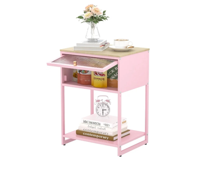 Nightstand,End Table with Storage Drawer,Bedside Table with Open Storage Shelf,Metal Side Table,Durable Wood Top Side Table for Bedroom,Living Room,Dorm,Guest Bedroom,