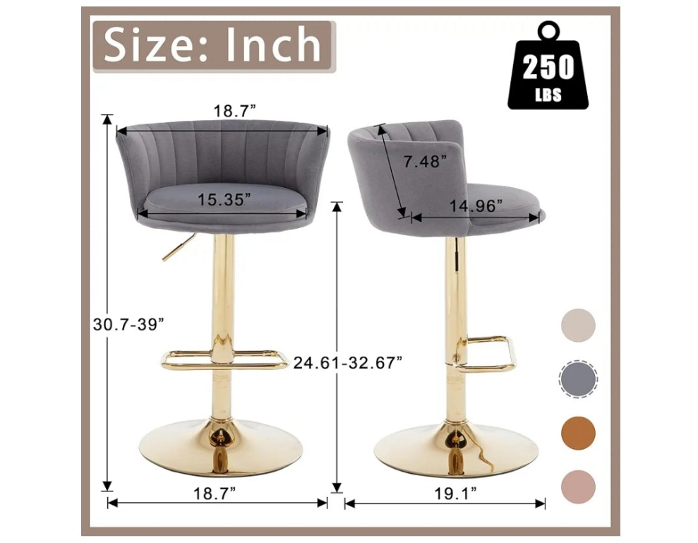Swivel Bar Stools Set, Velvet Upholstered Bar stools with Golden Metal Adjustable Legs, Modern Barstools with Back for Kitchen, Dining Room, Counter,