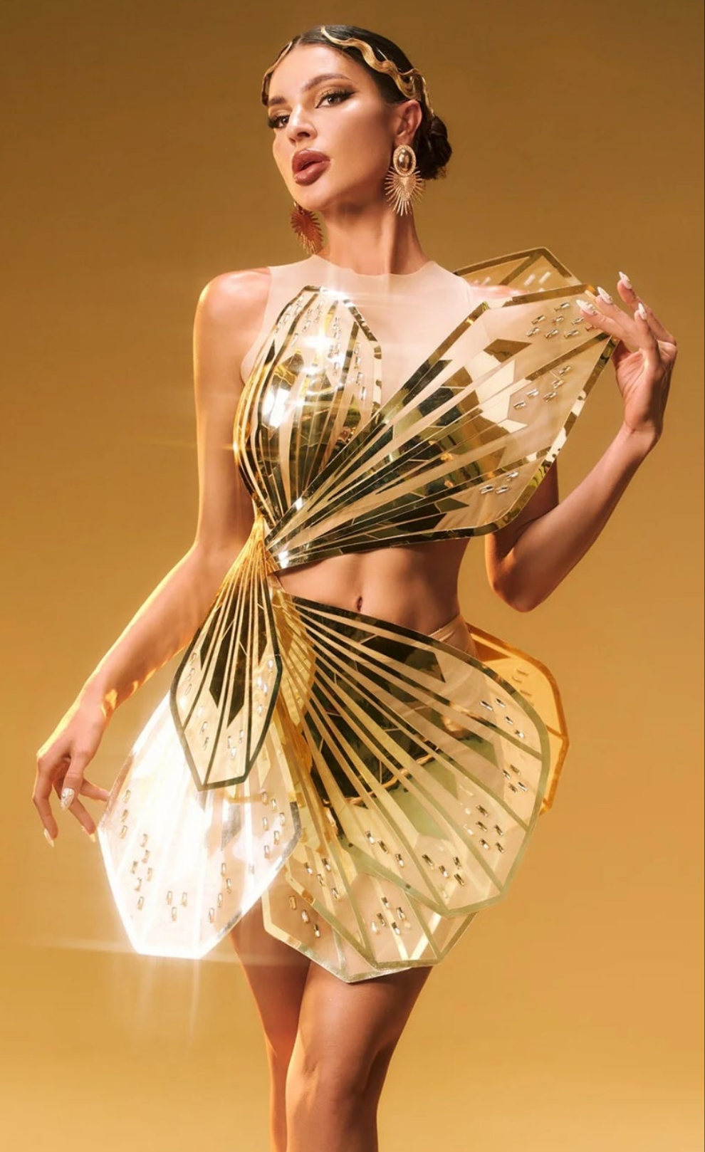COCOMONEY Butterfly Embellished Cutout Mini Dress In Gold size XS