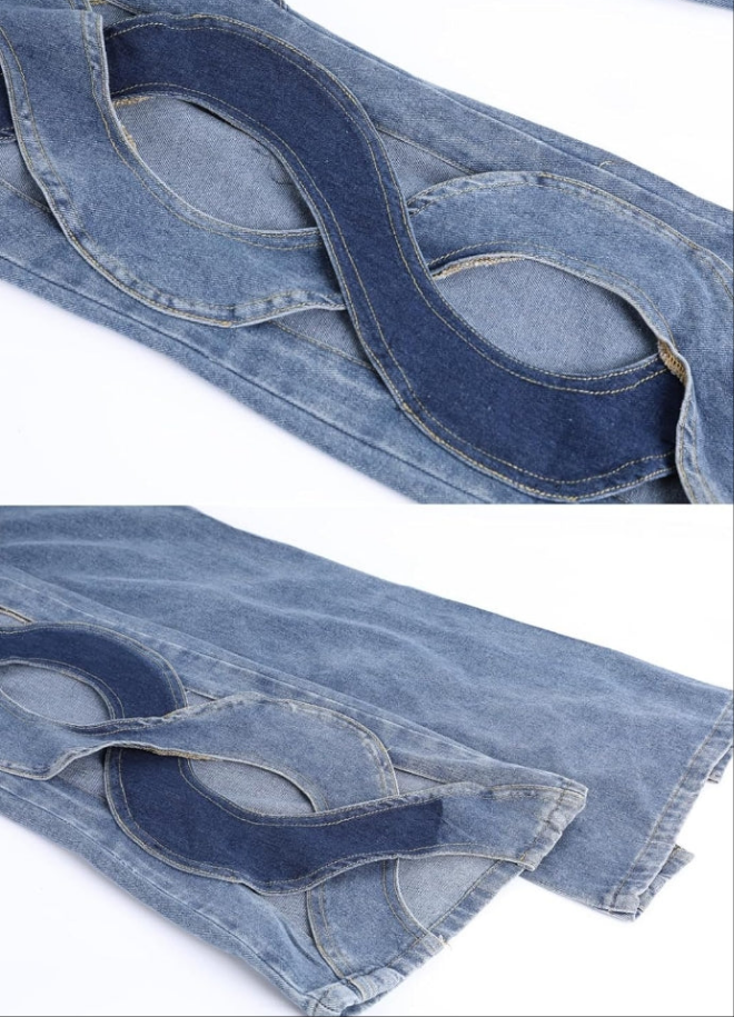 Chic Metal Hollow Out Cable Twist Back Heart Flare Bell Bottom Denim Jeans Pants