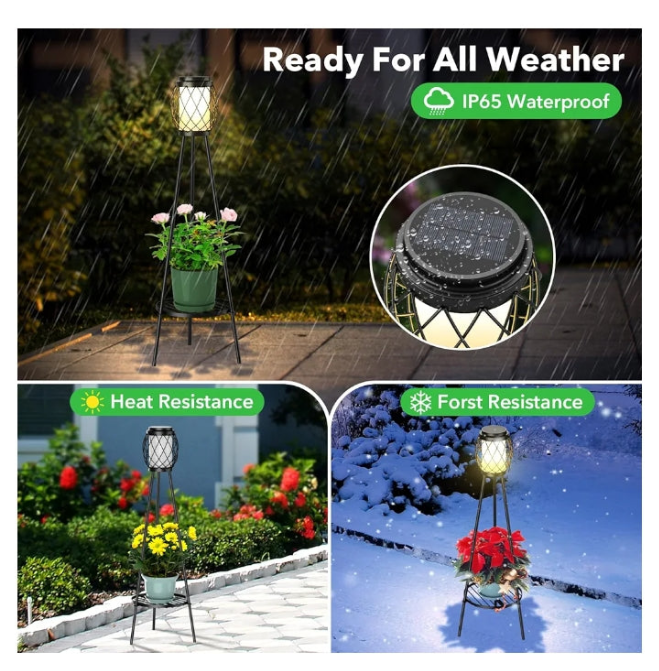 Solar Lights Outdoor Street Lights with Plant Stands 2 Pack, Solar Floor Lamp Metal Tripod Patio Lights for Garden Yard Pathway Driveway Front/Back Porch Decoration