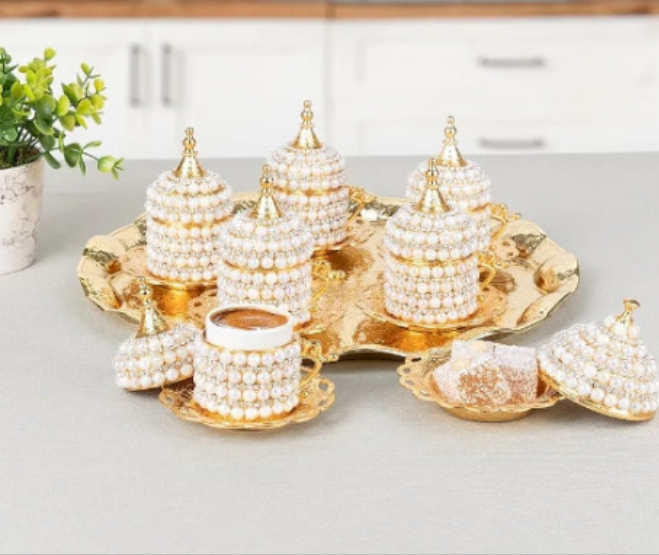 27 Pc Ottoman Turkish Greek Arabic Coffee Espresso Serving Set with Pearl Embellishments, Saucer and Sugar Dish (Silver)