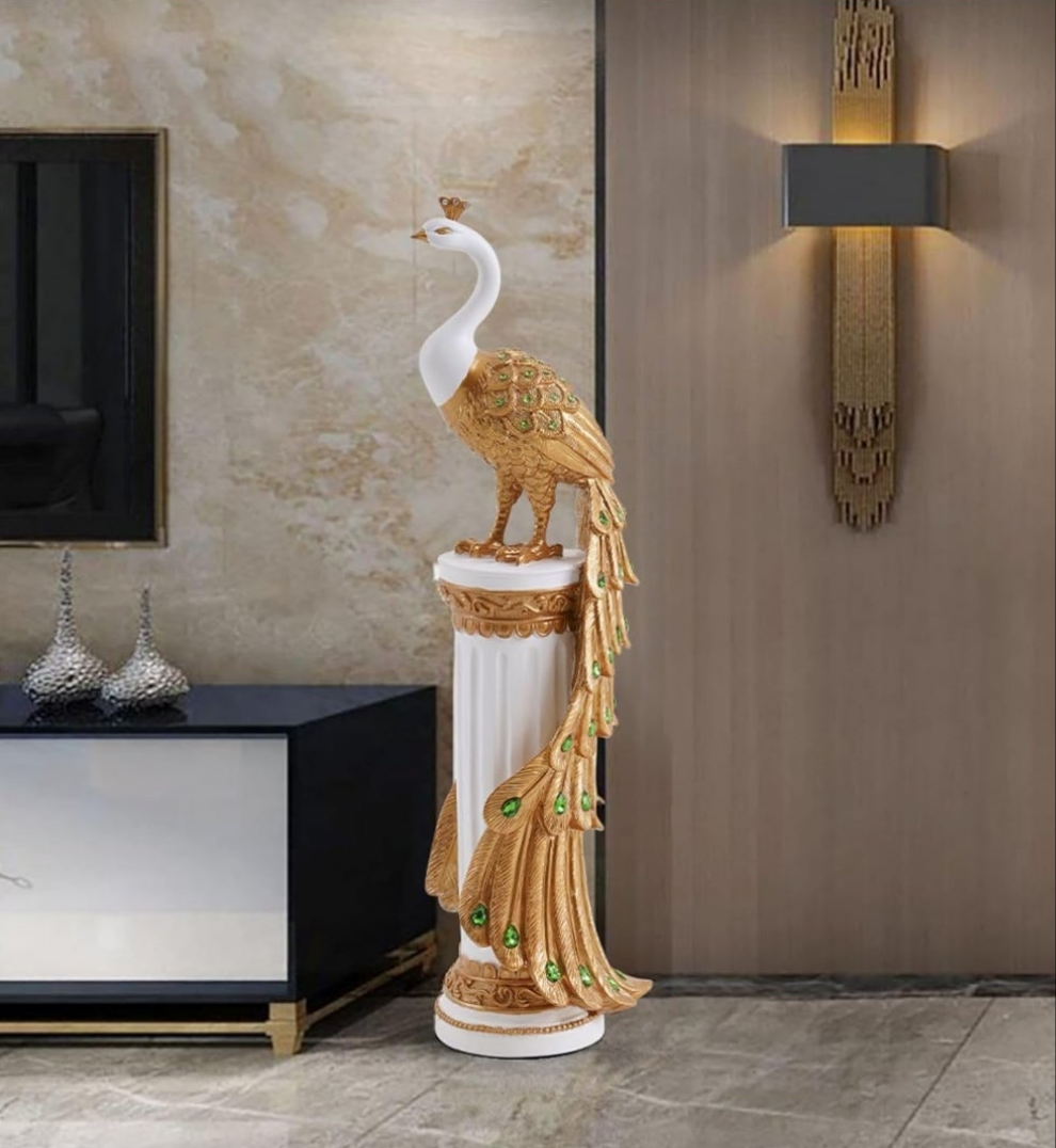 27.6" Decorative Peacock Statue Large Glam Animal Sculpture Resin Crafts Home Decor for Art Ornament (White & Gold)