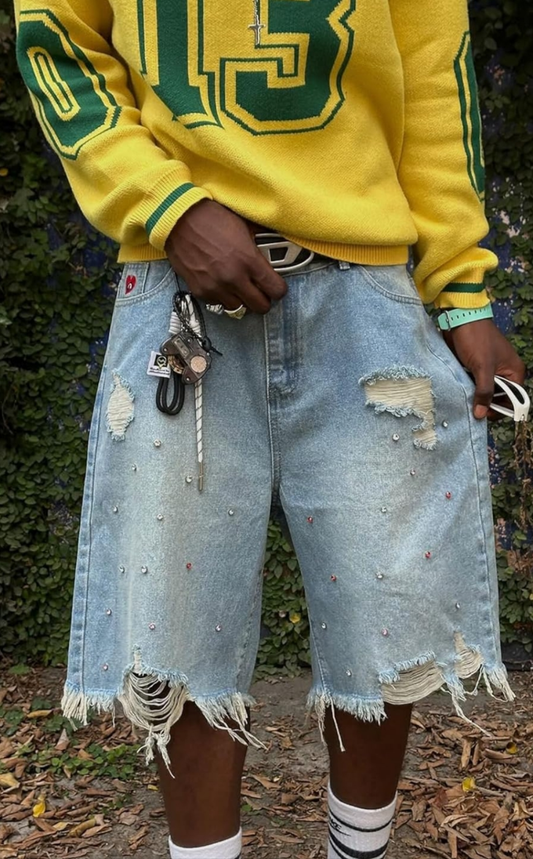 Rhinestone Application Jort Casual Denim Shorts Wide Leg Jeans Streetwear Trendy Bottoms