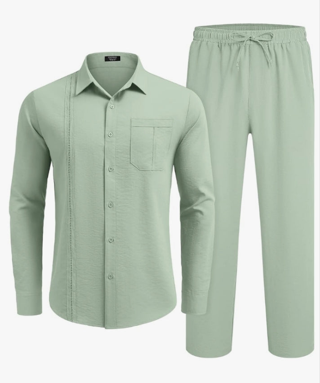 Mens Linen Sets 2 Piece Long Sleeve Button Down Cuban Shirt and Pants Set Summer Beach Set Outfits