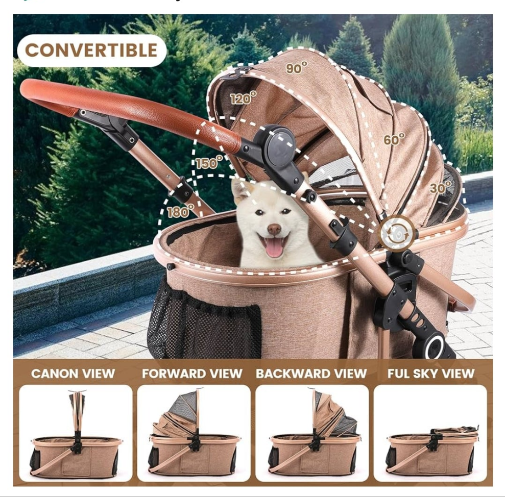 Pet Stroller with 4 Wheels, Foldable Pet Travel Carrier for Small/Medium Dogs Cats up to 50lbs, Detachble Portable Pet Bag, Storage Basket, Car Seat 3 in 1 Multifunctional