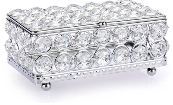 Crystal Jewelry Box Rectangle Trinket Organizer Earrings Rings Box Treasure Box Home Decor Accent Decorative Box with Lid for Valentine Wedding Christmas Birthday Gift, Small