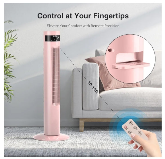 Tower Fan with Remote Control, Standing Fan for Office, Oscillating Fan for Home with Children/Pets/Elders,Time Settings,LCD Display,45W,Oscillation, 36" Pink or White