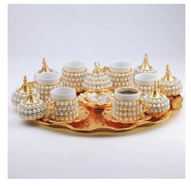 27 Pc Ottoman Turkish Greek Arabic Coffee Espresso Serving Set with Pearl Embellishments, Saucer and Sugar Dish (Silver)