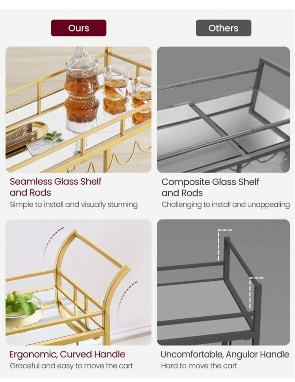 Bar Cart , Home Bar Serving Cart, Wine Cart With 2 Mirrored Shelves, Wine Holders, Glass Holders, For Kitchen, Dining Room stainless steel