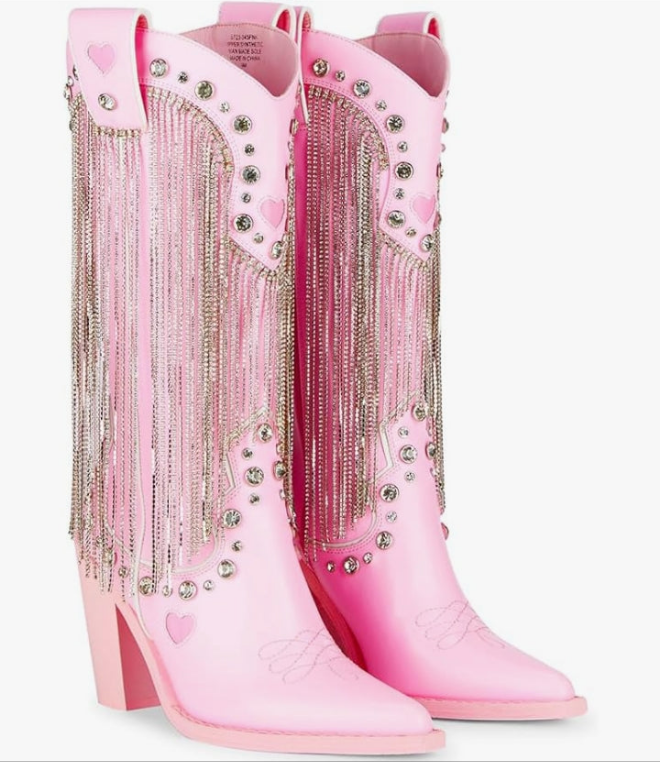 Cowbirl Boots - Vegan Leather Footwear With Rhinestone Fringe and Jewel Studs