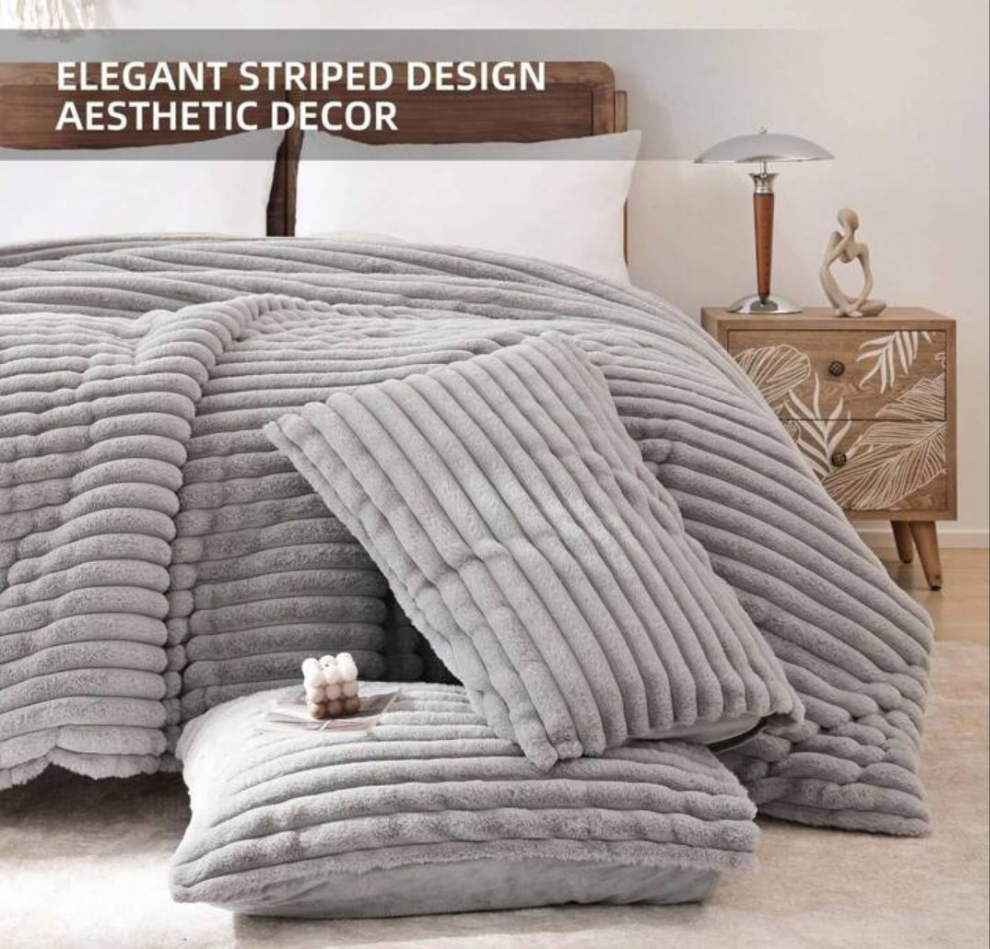 Fluffy Queen Comforter Set 3 Pieces - Fleece Fluffy Comforter Queen Set, Luxury Fuzzy Queen Bed Set, Soft & Warm Bed Comforter Queen All Season, Heavy Queen Bedding With 2 Pillow Cases 90×90inches