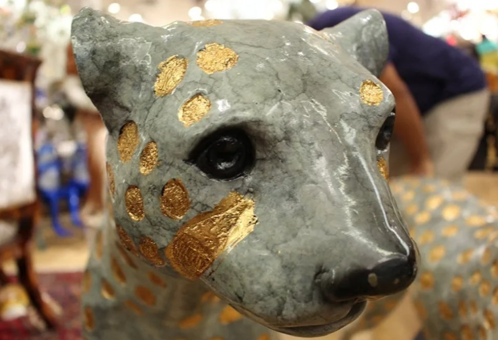 Pair of Golden-Plated Cheetahs Bronze Statue - Size: 58" L x 10" W x 31" H.