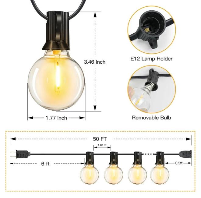 50FT Outdoor String Lights, Waterproof Connectable Shatterproof Outside Light with 25 Edison + 2 Spare LED Bulbs Plug in, Patio Lights for Indoor Balcony Porch