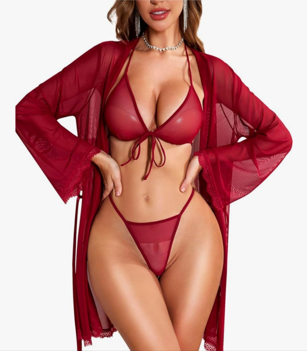 Sexy Lingerie Set - 3 Piece Bra and Panty Sets with Lace Robe Sheer Sleepwear & Mesh Nightgown Cocomoney