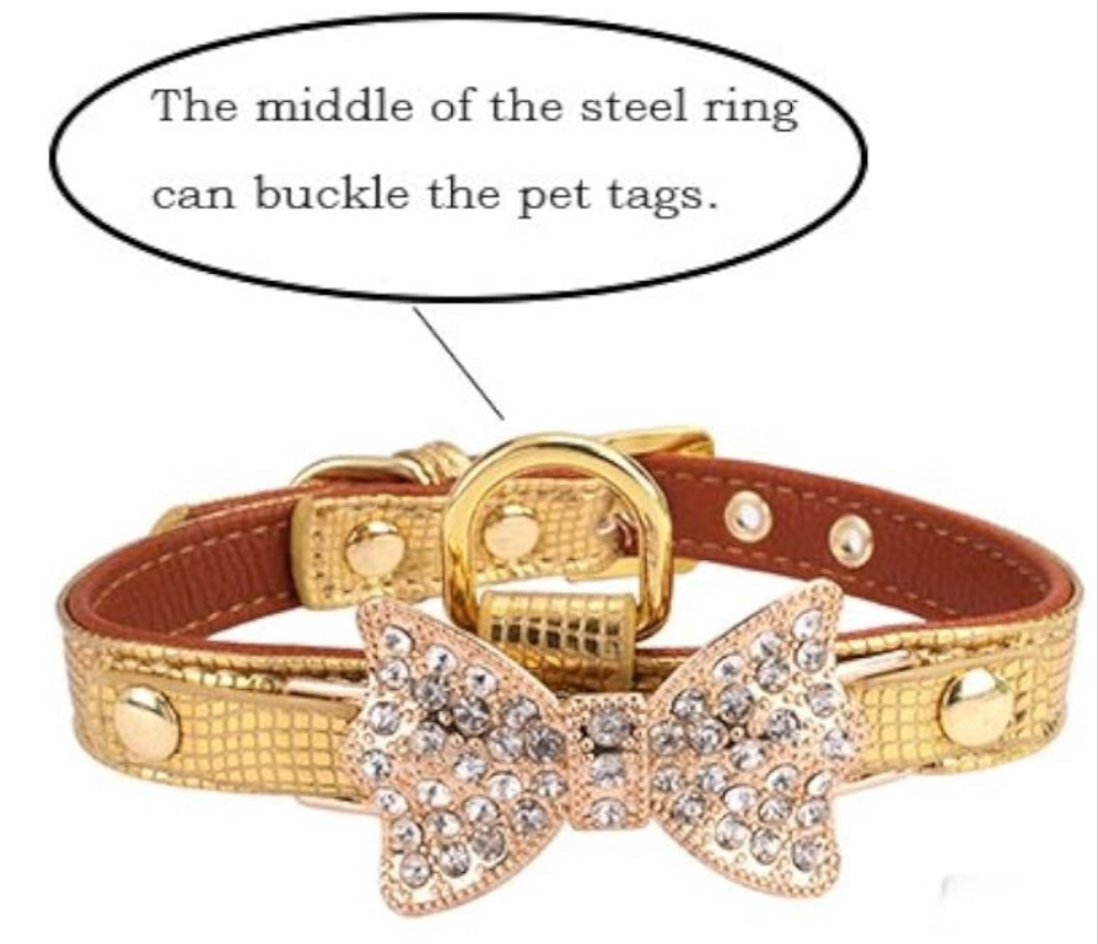 Gold Bling Diamond Giltter Leather Fashion Collar with Ring for Tags for Small Dogs,Cat,Puppy and Kitty Walking Travel Party Gifts Tedd, Poodle Dog,Bulldog and Yorkshire Terrier (Small