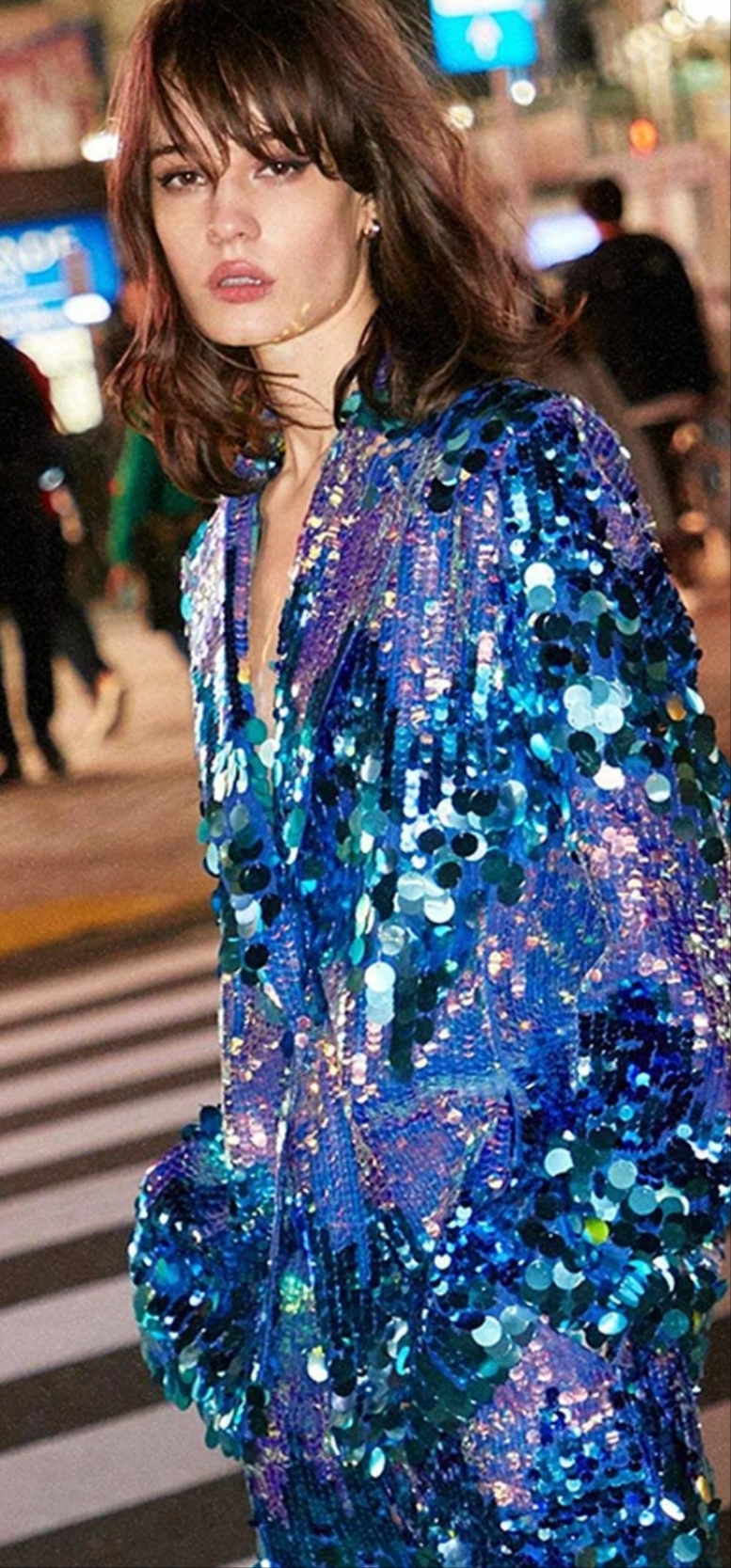 Colorblock Sequin Blazer Two Pieces Pant Set-Blue COCOMONEY