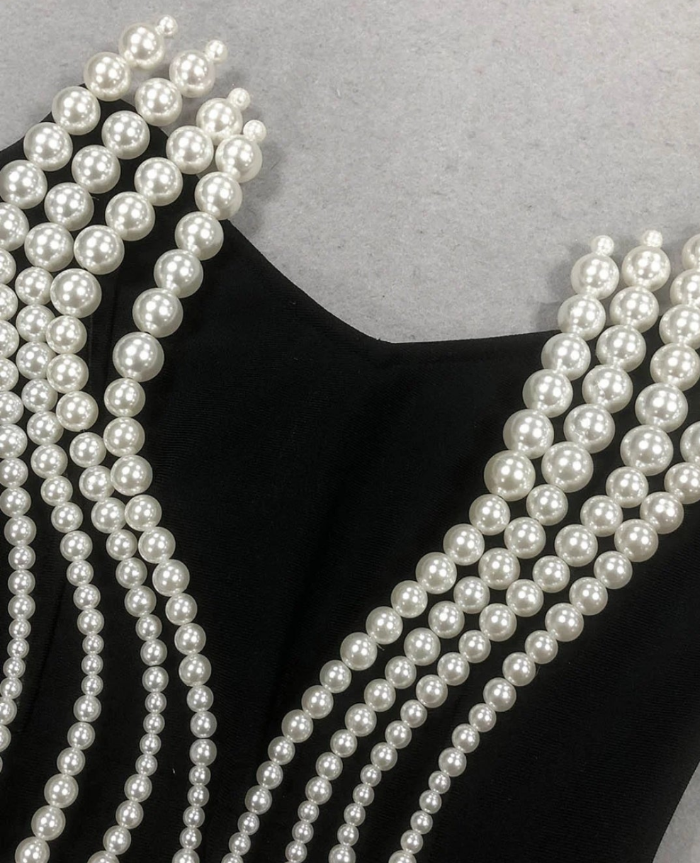 Pearls Beaded Strapless Mermaid Maxi Dress-Black COCOMONEY