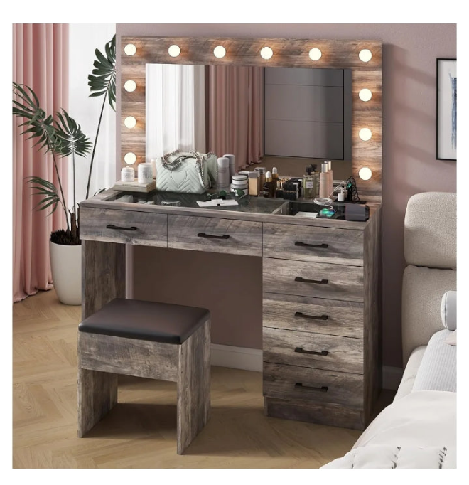 Vanity Desk with Large Lighted Mirror & Powre Outlet, Glass Tabletop Makeup Vanity Set with 7 Drawers, 45.3" Vanity Table with 3 Color Lighting Modes,