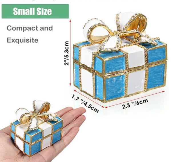 Mini Metal Jewelry Box Blue Bow-knot Hinged Trinket Box Bling Enamel Decorative Box Small Treasure Box Figurine Earrings Ring Holder