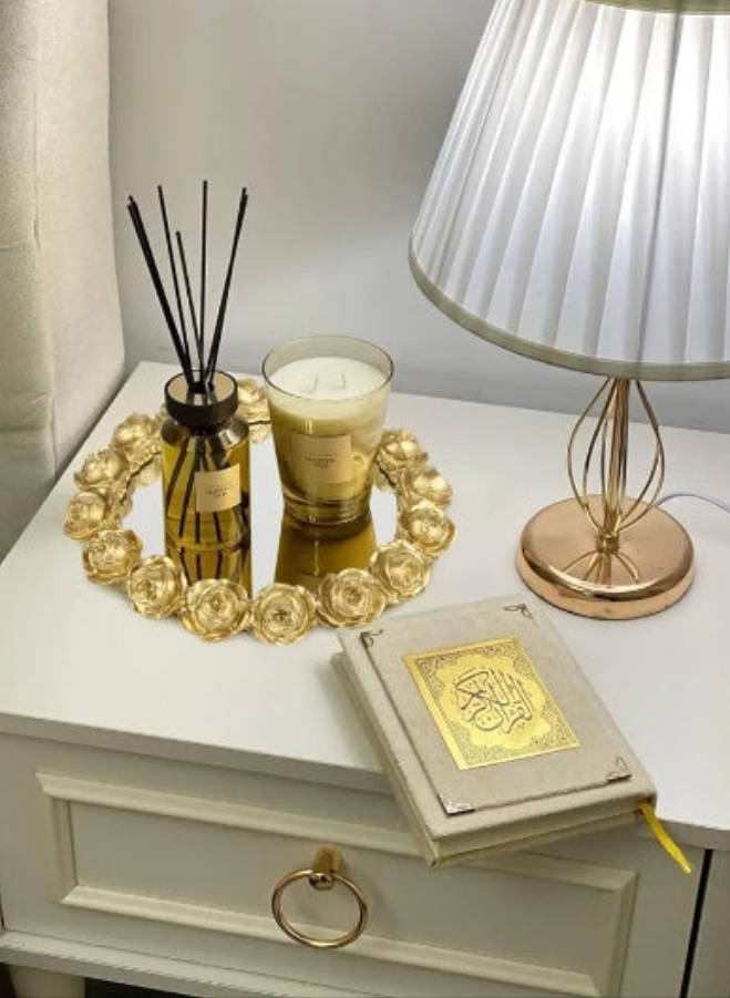 Decorative Round Mirror Tray Bathroom Vanity Tray with Gold Resin Rose for Perfume,Jewelry and Makeup
