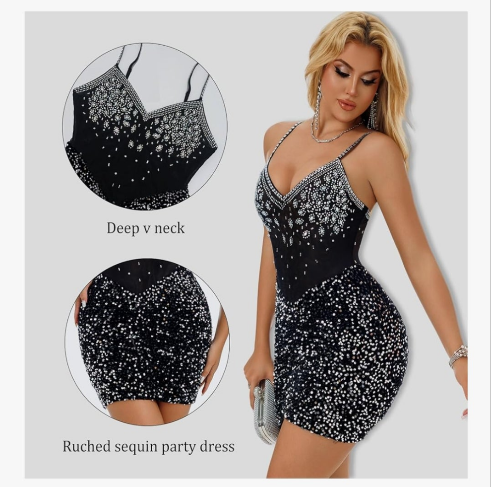 Rhinestone Sequin Party Dress Ruched Full Slip Dress Cocktail Homecoming Clubwear Cocomoney
