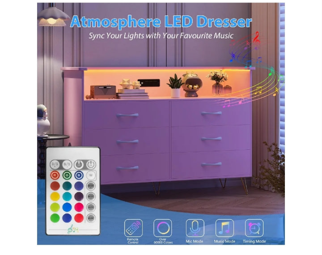 Dresser for Bedroom with LED Light & Power Outet, 6 Drawers Wooden Dressers with 2-Tier Open Space, Modern Chest of Double Wide Drawers for Living Room, Entryway, Hallway TV Stand
