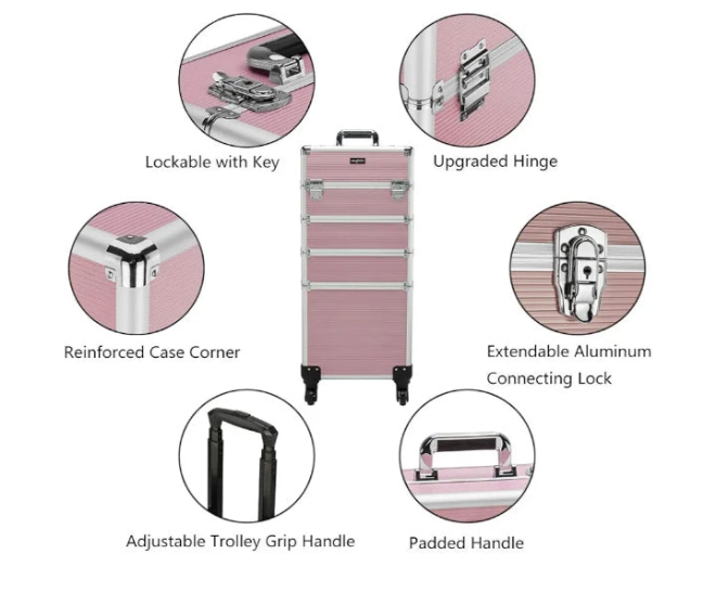 4 in 1 Rolling Makeup Train Case, Aluminum Makeup Travel Organizer Cosmetic Case, Cosmetology Display Suitcase on Wheels, Beauty Storage Luggage Lockable w/4 Removable Wheels