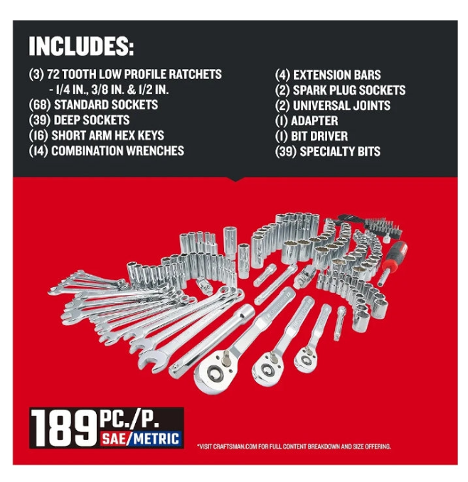 CRAFTSMAN Mechanics Tool Set, 1/4 and 3/8 Inch Drive, 189 Piec