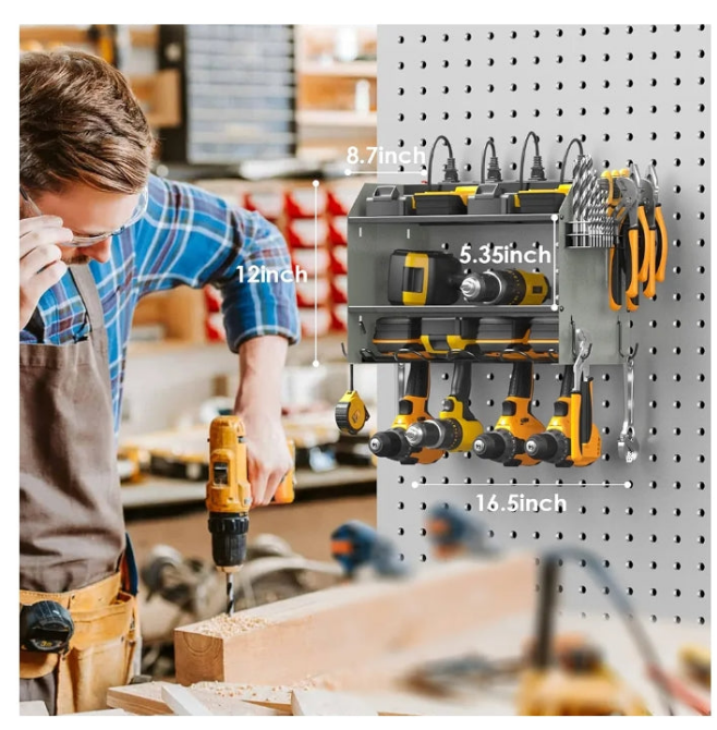 CCCEI Modular Power Tool Organizer Wall Mount with Charging Station. Garage 4 Drill Storage Shelf with Hooks, Drill Bit Heavy Duty Rack, Grey Tool Battery Holder Built in 8 Outlet Power Strip.