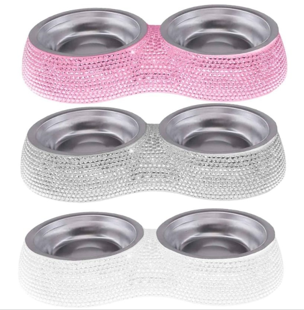 Rhinestone Pet Bowls, Bling Dog Cat Bowl Stainless Steel for Pets Food Water Dishes-2 Pack or single bowl