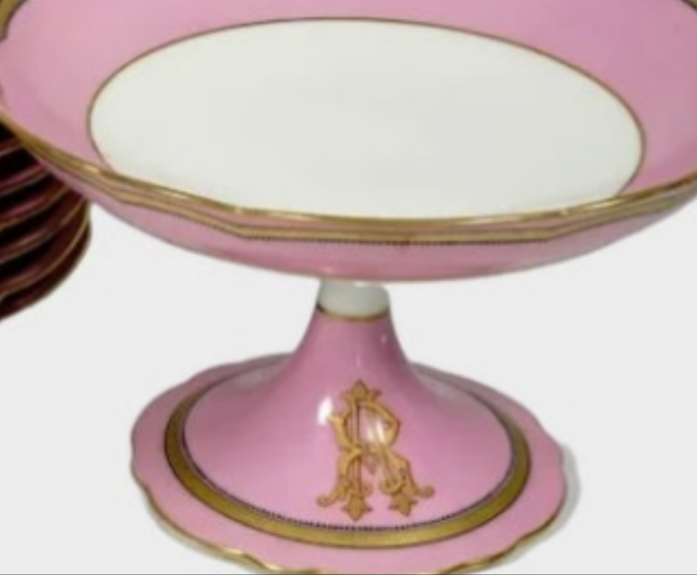 Antique French Old Paris Porcelain Pompadour Pink 15pc Dessert Service Hand Painted Gold Monogram