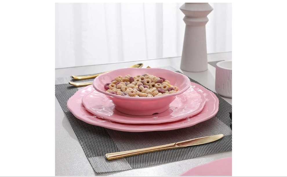 18 Piece Pink Dinnerware Set, Lightweight Kitchen Dining Plates and Bowls Set, Durable Melamine Dishes, Set of 6, Unbreakable RV Camping Dishes, Dishwasher Safe