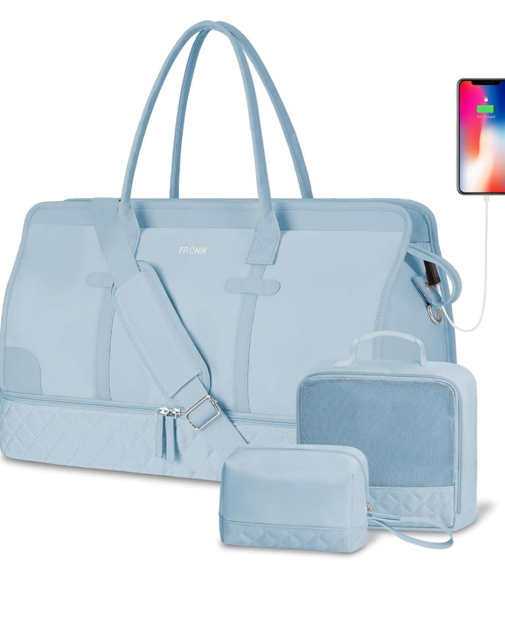 Weekender Overnight Bag for Women, Large Travel Duffle Bag with Shoe Compartment & Wet Pocket, Carry On Tote Bag Gym Duffel Bag with Toiletry Bag, 3 Pcs Set, Large Size,