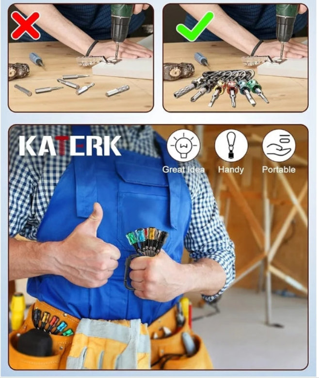 Push to Unlock,Katerk 6pcs 1/4 inch Hex Shank Aluminum Alloy Screwdriver Bit Holder Light-Weight Quick-Change Extension Bar Keychain Drill Screw Adapter Portable,Black Carabiner,Tool Gifts for Men