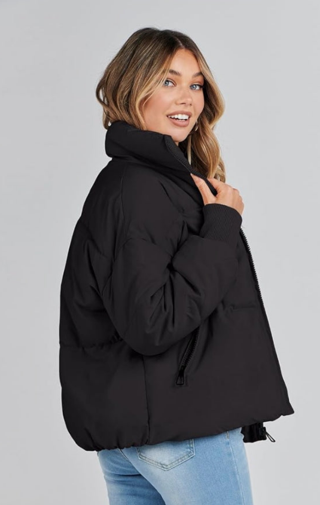 Long Sleeve Zip Puffer Jacket Pockets Baggy Short Coats