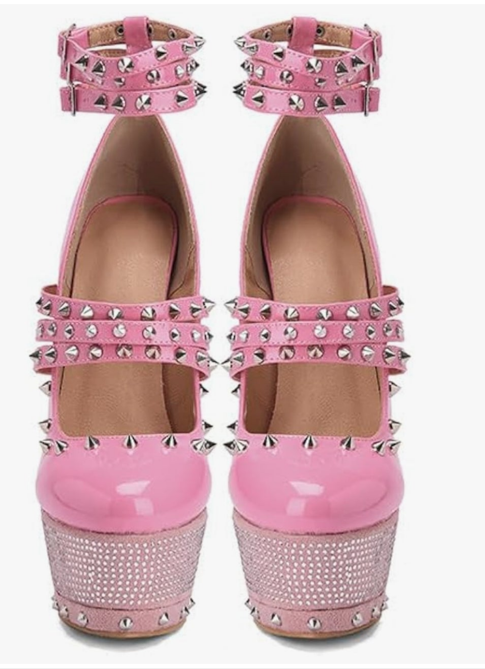 Close Toe Stiletto Platform Mary Jane Pumps for Women Triple Buckle up Rivet Studded Strappy Party Shoes
