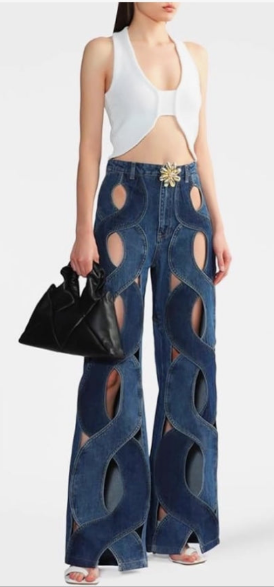 Chic Metal Hollow Out Cable Twist Back Heart Flare Bell Bottom Denim Jeans Pants