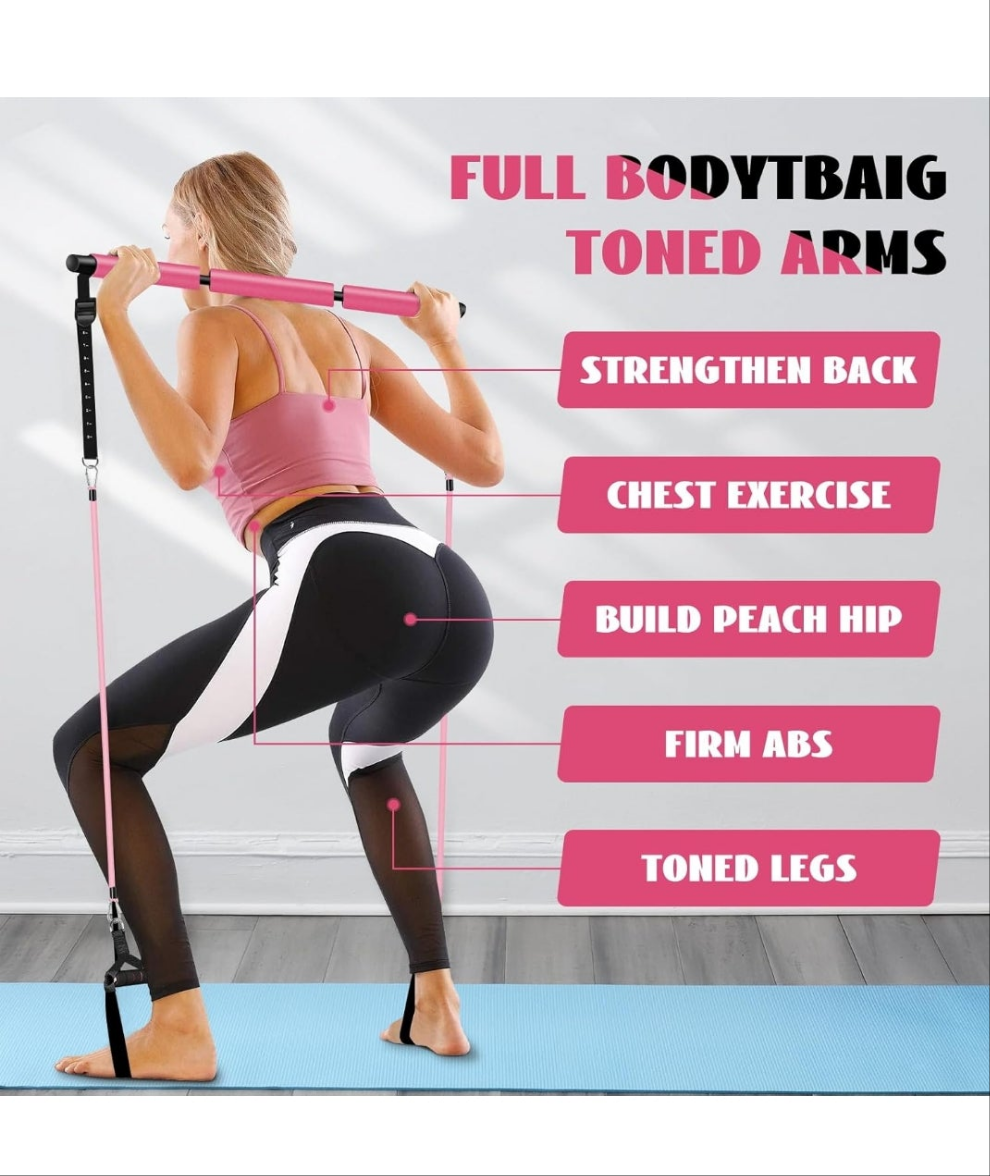 Pilates Bar Kit with Resistance Bands for Working Out, Pilates Equipment with Ab Roller for All Fitness Levels, Portable Home Gym Full Body Workout Equipment for Women&Men