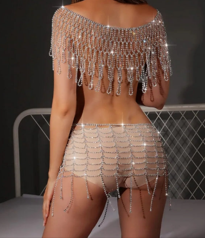 Diamond Chest Chain Bra Panties Sparkly Rhinestone Body Chain Crystal Bikini Chest Jewelry Lingerie Woman Sexy Nightclub Clothing