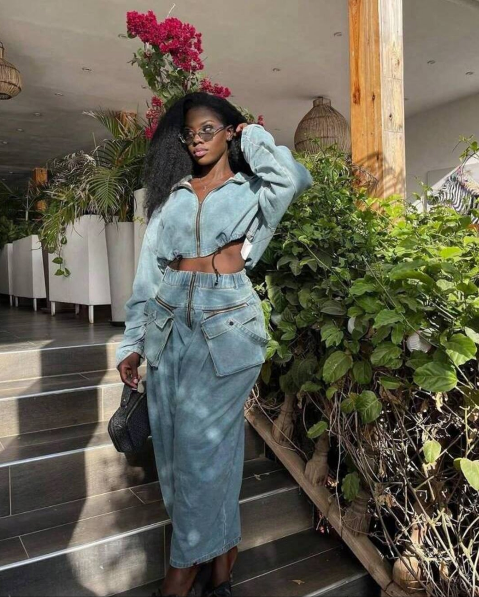 Wide Leg Loose Heavy Industry Denim Two-Piece Suit Women's Clothing