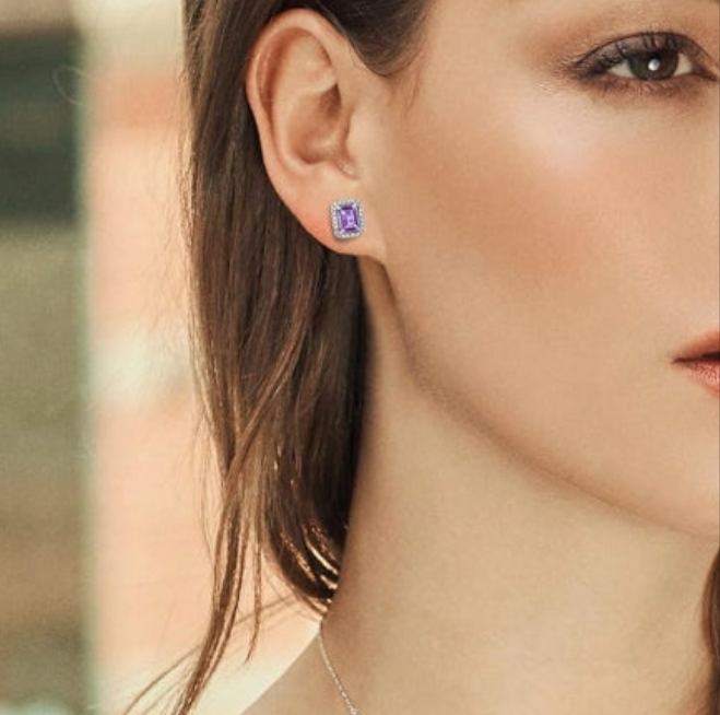 925 Sterling Silver Gemstone Birthstone Earrings | Emerald Cut 8X6MM | Halo Earring
