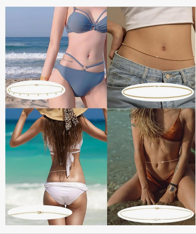 8Pcs Waist Belly Chain 18K Gold Plated CZ Heart Pearl Snake Bead Sequin Paperclip Belly Chain Summer Beach Sexy Body Chains Jewelry Accessories for Women Adjustable
