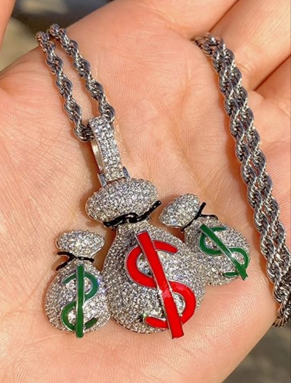 Custom MONEY BAG 925 Italy White Gold Finish Iced Silver Charm Ice Out Pendant Stainless Steel Real 3 mm Rope Chain, Mans Jewelry, Iced Pendant, Rope Necklace 16