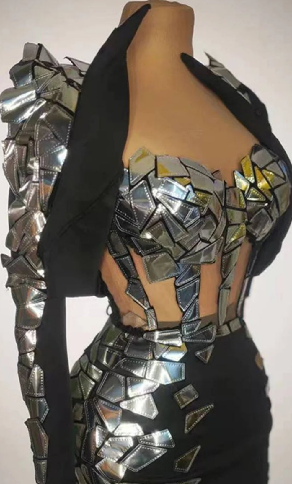 COCOMONEY Mirror Sequin Patchwork Square Neck Mini Dress-Black