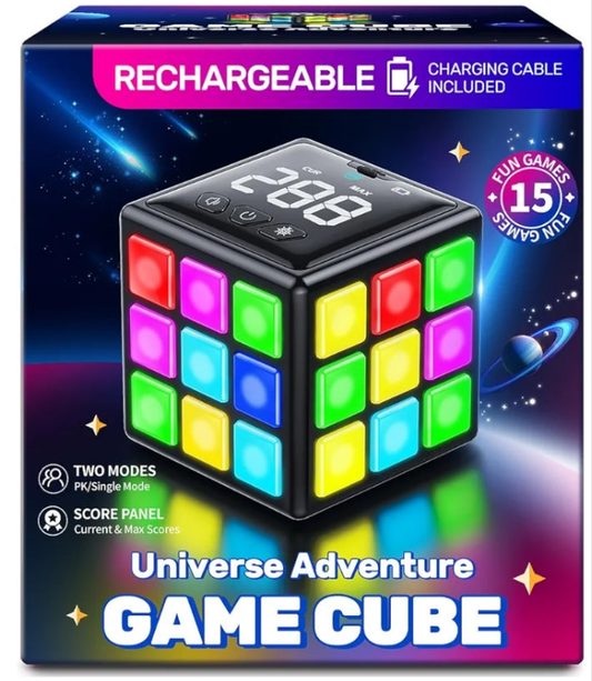 Rechargeable Game Cube, 15-in-1 Fun Brain Memory & Speed Games for Kids, Christmas Birthday Gifts for Boys Girls Ages 6-12+ Years Old, Cool Toys for Kids Teens with Score Screen (Black)