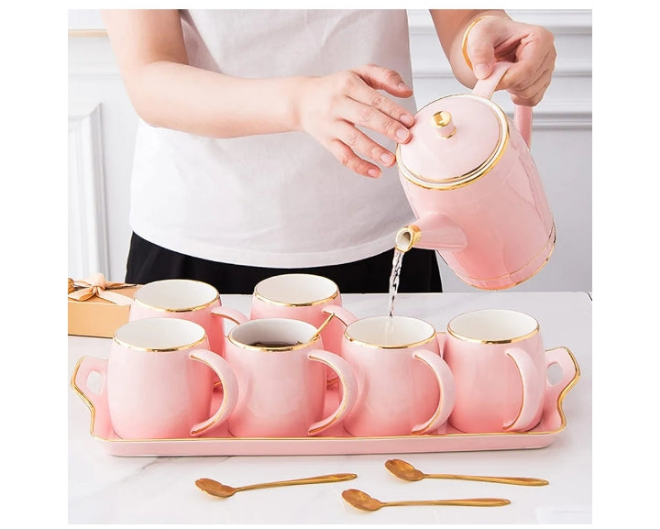 Tea Set, Porcelain Tea Set Coffee Cups Teapots Ceramics Teaset Coffee Tea Sets, 1150Ml Coffee Pot, Pink Tea Service of 6 Cups for 300Ml