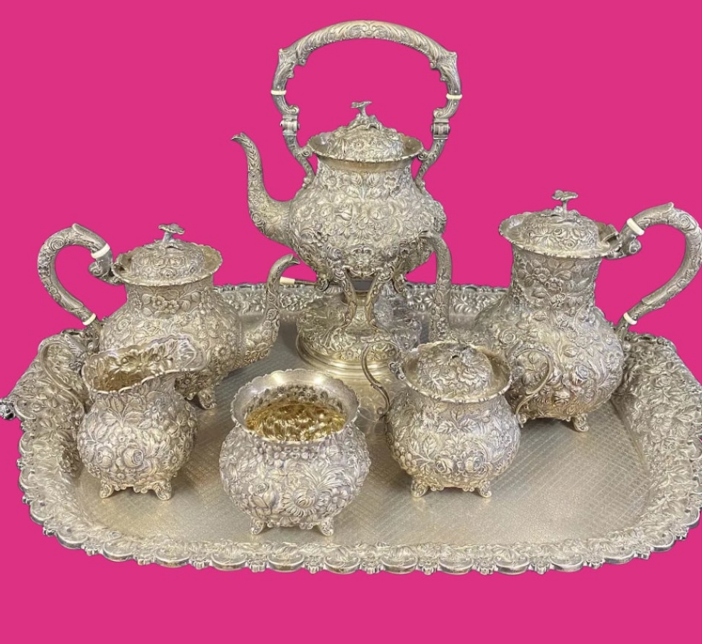 Sterling Silver Repousse Tea Service 7 Piece Set w/Tray A.G. Schultz