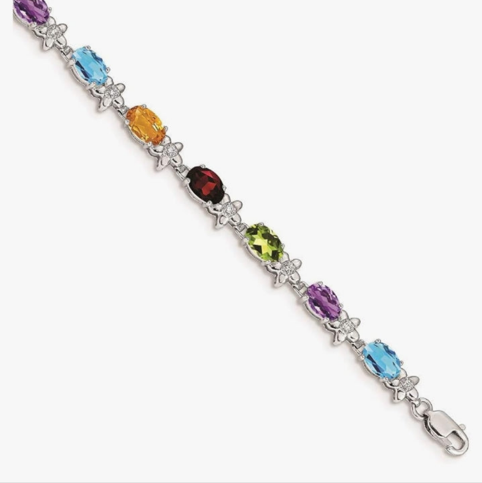 COCOMONEY 14k White Gold Rainbow Gemstone/Diamond Bracelet Fine Jewelry For Women Gifts For Her, 7"