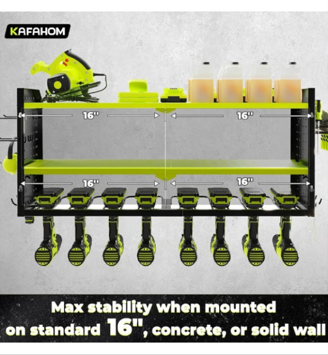 KAFAHOM Power Tool Organizer, Large 8 Drill Holder Wall Mount with 2 Side Pegboards, Heavy Duty Metal Tool Shelf with 12 Hooks, Storage Rack for Garage Organization, Battery Shelves